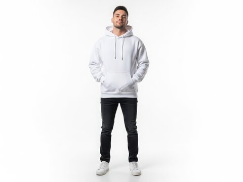 Man in a white hoodie and black pants standing against a white background