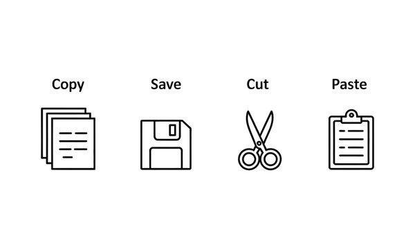 vector icons for text editing, including copy, save, cut and paste symbols for digital applications and web platforms.