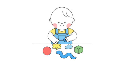 Fototapeta premium Cute baby playing with colorful clay shapes illustration in cartoon style on black background; child development and creative activities
