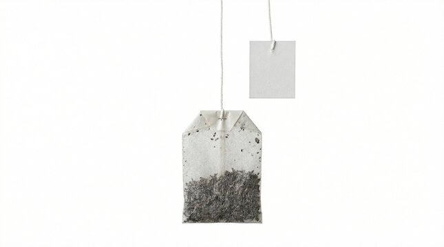 A close-up shot of a tea bag with a tag hanging against a white background, ready to steep