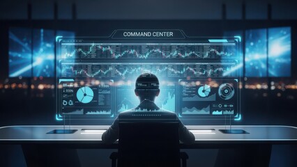 Fototapeta premium Futuristic command center with digital data screens, operator monitoring global analytics in high-tech control room, cyber security dashboard with blue glowing interface