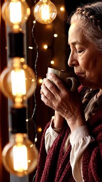 A mature woman with braided hair holds a warm mug while looking out a window decorated with glowing string lights at night