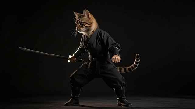 Feline Warrior A CatHeaded Ninja in Black Gi Wielding a Katana on a Dark Background.