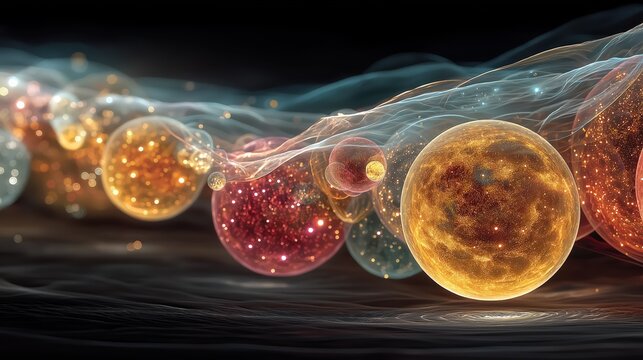 Abstract glowing golden cells with red nuclei floating on dark background microbiology and molecular science concept