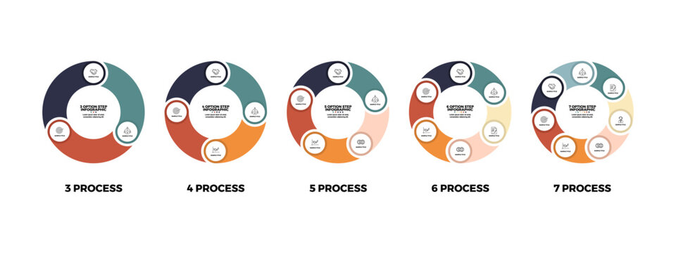 Vector circle arrows infographics set. 3, 4, 5, 6, 7 options, parts, steps. Template for cycle diagram, graph, presentation and round chart. Business concept with data processes.  vector eps
