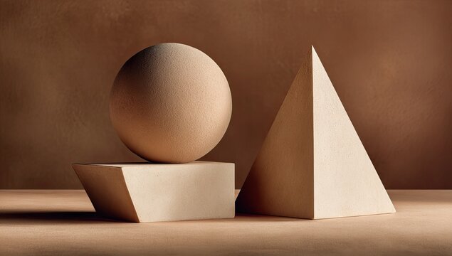 A smooth sphere sits on a cube next to a triangular pyramid on brown backdrop