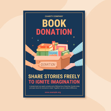 Charity book donation box on black background. Community support poster as people give each gift and help poor children with hope. Flat design print for ngo event or social donation and book drive