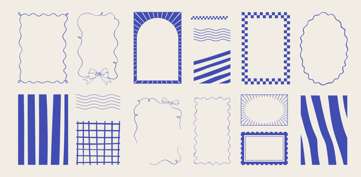 Vintage blue frame collection on light background. Retro card border pack with hand drawn ink line detail as whimsical doodle icon set. Minimalist rectangle and oval border mix for cafe menu,