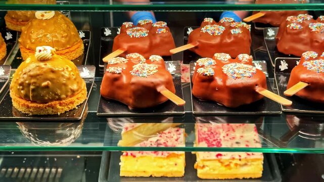 Chocolate-coated gelato bars with rainbow sprinkles lined in a bakery display case behind glass, tempting gourmet sweets for cafe menu promotion.