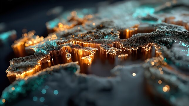 Abstract macro close up of glowing molten rare earth mineral metal texture with teal and orange light cracks on rough rocky surface