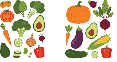 Fototapeta premium Fresh Vegetables Collection Featuring Carrots, Avocados, Cucumbers, Bell Peppers, Tomatoes, and More for Healthy Eating, Nutrition, and Organic Food Designs