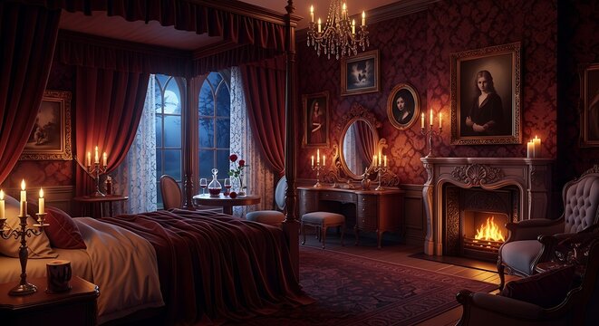 A luxurious and cozy bedroom with a four-poster bed, fireplace, and ornate furnishings in a warm and inviting atmosphere.