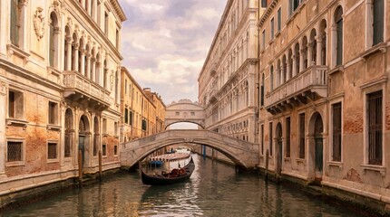 Naklejka premium Gondola gliding through calm waters by architecture concept. Charming canal scene with a historic bridge in a city.