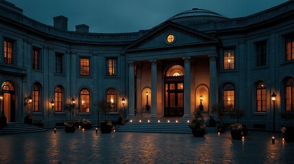 Fototapeta premium Neoclassical Government Building Facade Illuminated at Night With Wet Reflections 