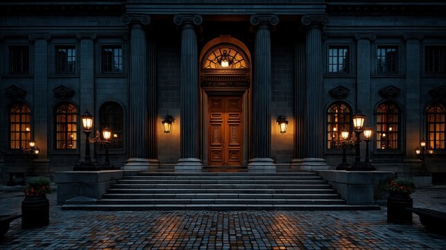 Grand Wooden Door Entrance of Historic Stone Building With Lanterns at Night