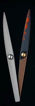 A pair of identical scissors, one sharp and gleaming, the other slightly dulled and rusted, symbolizing "pair" and "pare",  language,  metal