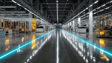 Naklejka premium A futuristic, high-tech manufacturing facility with glowing blue lines on the floor and rows of illuminated machines.