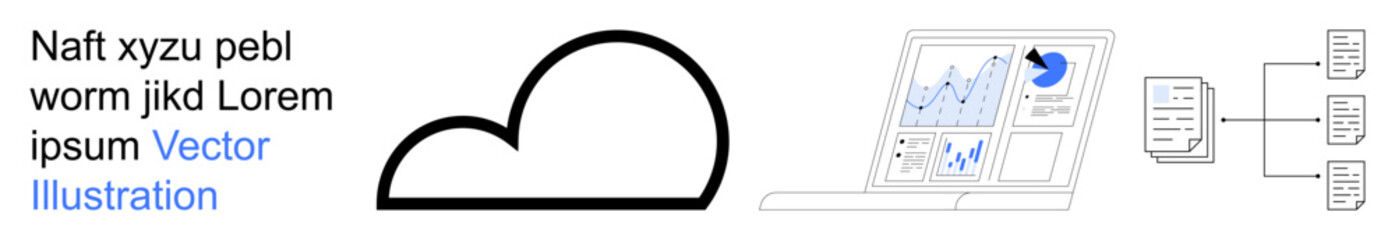 Cloud computing, data analytics, workflow management, information storage, digital transformation, tech innovation. A laptop displaying analytics and cloud storage linked to a network. Cloud © robu_s