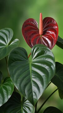 Close-up view of an Anthurium plant featuring large heart-shaped green leaves with deep veins and a striking red spathe with an orange spadix against a soft blurred green background.