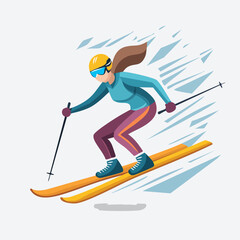 Fototapeta premium Woman skiing down a snowy mountain slope with speed and focus.