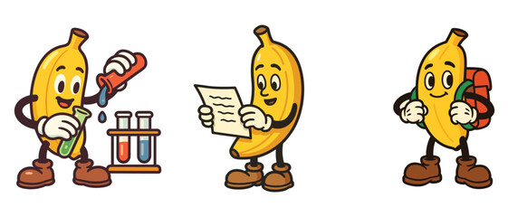 Obraz premium Banana character with chemistry, reading and backpack
