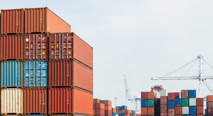 Fototapeta premium Stacked Shipping Containers at Industrial Port with Cranes in Background