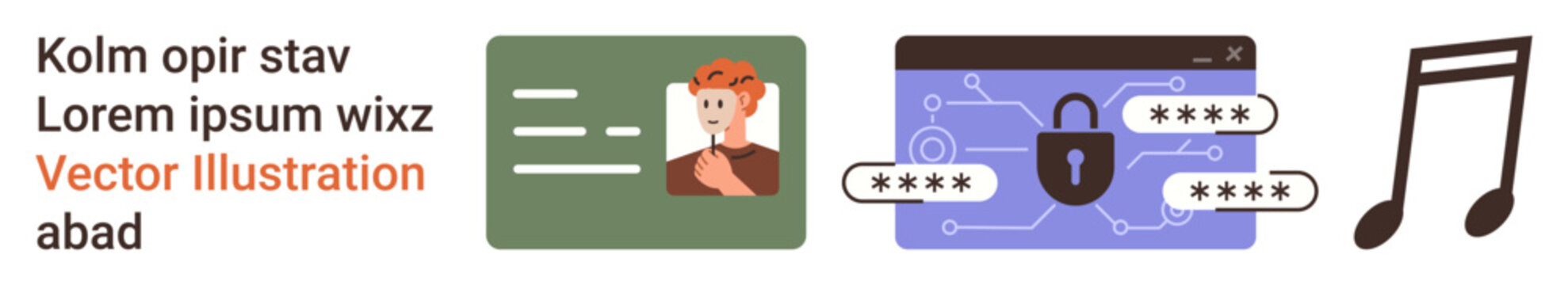 Online security, authentication, creative digital tools, password protection, data safety, user verification. Digital ID card, locked passwords music note icons. Online security and authentication