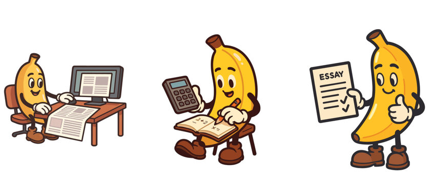 Cartoon bananas studying with computer calculator and essay