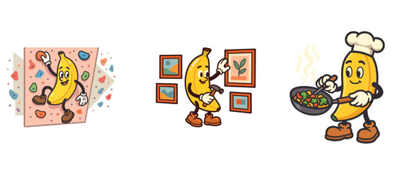 Fototapeta premium Banana character climbing hanging picture and cooking set