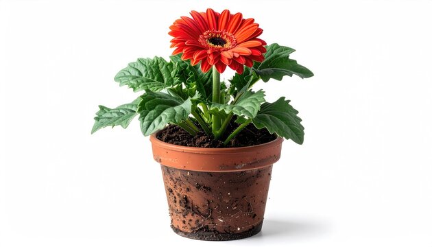 Vibrant red gerbera daisy flower in a terracotta pot against a clean white background offering cheerful spring vibes