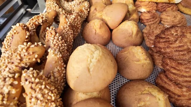 Assortment of baked goods including cookies and breads on display at a market stall.