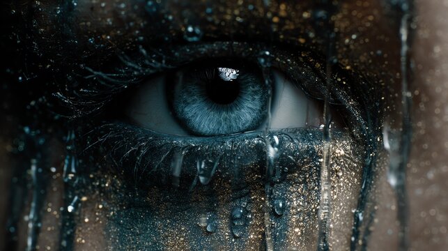 A close-up of an eye with dramatic makeup and tears made of glitter and paint.