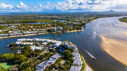 Aerial view of Noosa River mouth sandbanks and coastline Queensland Australia © aure50