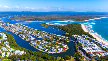 Aerial view of Noosa Heads coastline river mouth and canal estate Queensland Australia © aure50