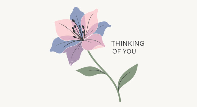 Illustration of a pink and blue flower with green leaves and the text 'THINKING OF YOU' on a white background.