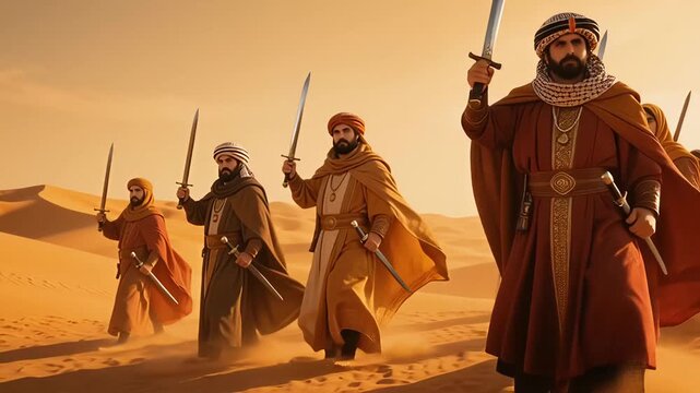 Ancient Warriors Marching Through Desert Sands with Swords.