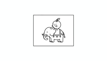 Fototapeta premium Cute cartoon elephant carrying a happy fruit character on its back, line art