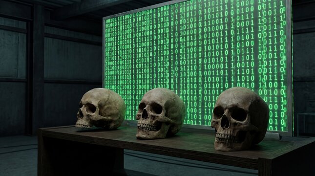 Stop motion with orange skulls on black concept. Three skulls on a table with a binary code background.