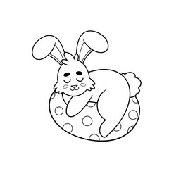 Cute Easter bunny rabbit sleeping on a giant Easter egg hand drawn black and white clip art 