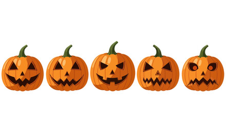 Fototapeta premium Five Halloween Jack-o'-lanterns with Different Scary Faces on White Background