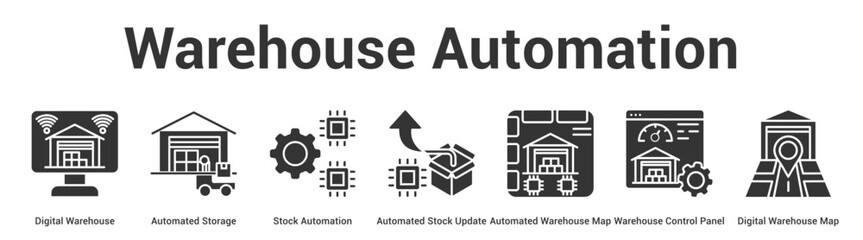 Fototapeta premium Warehouse Automation web banner icon set vector illustration concept for business with icon of Digital Warehouse, Automated Storage, Stock Automation, Automated Stock Update, Automated Warehouse M.