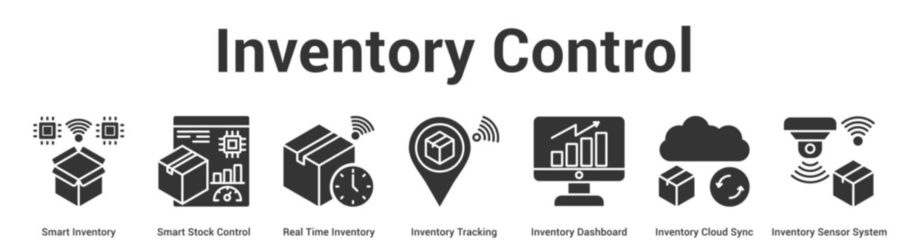 Inventory Control web banner icon set vector illustration concept for business with icon of Smart Inventory, Smart Stock Control, Real Time Inventory, Inventory Tracking, Inventory Dashboard, Invent.