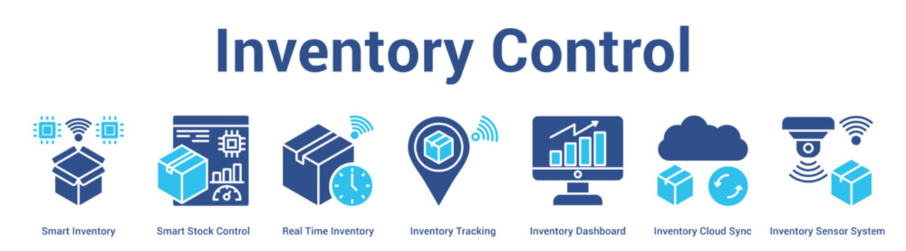 Inventory Control web banner icon set vector illustration concept for business with icon of Smart Inventory, Smart Stock Control, Real Time Inventory, Inventory Tracking, Inventory Dashboard, Invent.