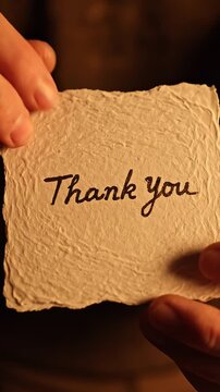 Hands holding a handmade paper card with the handwritten words Thank You in a warm lit environment, featuring organic texture and rough deckle edges on a dark background.
