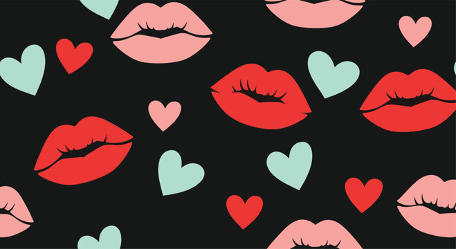 A fun and romantic seamless pattern with repeating red and pink lips and colorful hearts scattered on a solid black background.