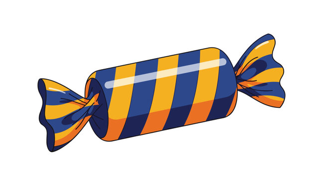 A shiny piece of cartoon candy in a twisted wrapper with a pattern of alternating blue and orange stripes on a white background.