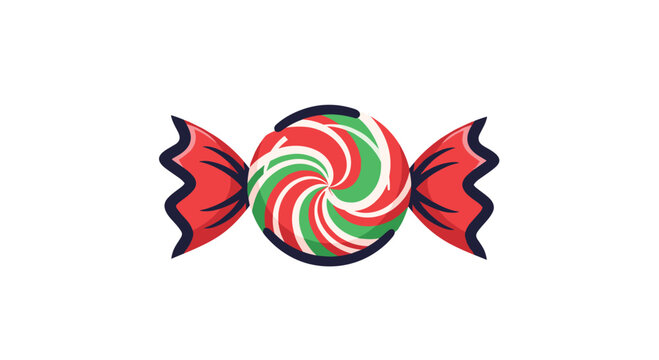 A festive round peppermint candy with a red white and green swirl pattern inside a twisted red wrapper for the Christmas holidays.