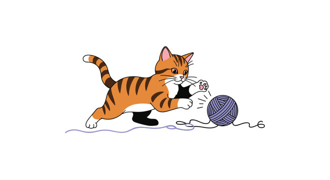 A playful and energetic ginger tabby kitten pouncing on a rolling ball of purple yarn unravelling it on a white background.