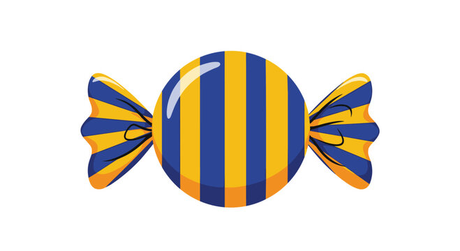 Simple cartoon illustration of a round piece of candy in a blue and yellow striped wrapper on a white background.