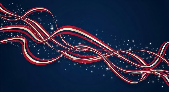 Abstract Red and White Light Trails Flowing on Dark Blue Background with Sparkles.